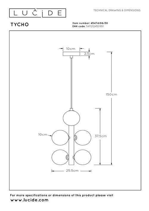 Lucide TYCHO - Lámpara colgante - Ø 25,5 cm - 6xG9 - Negro - técnico